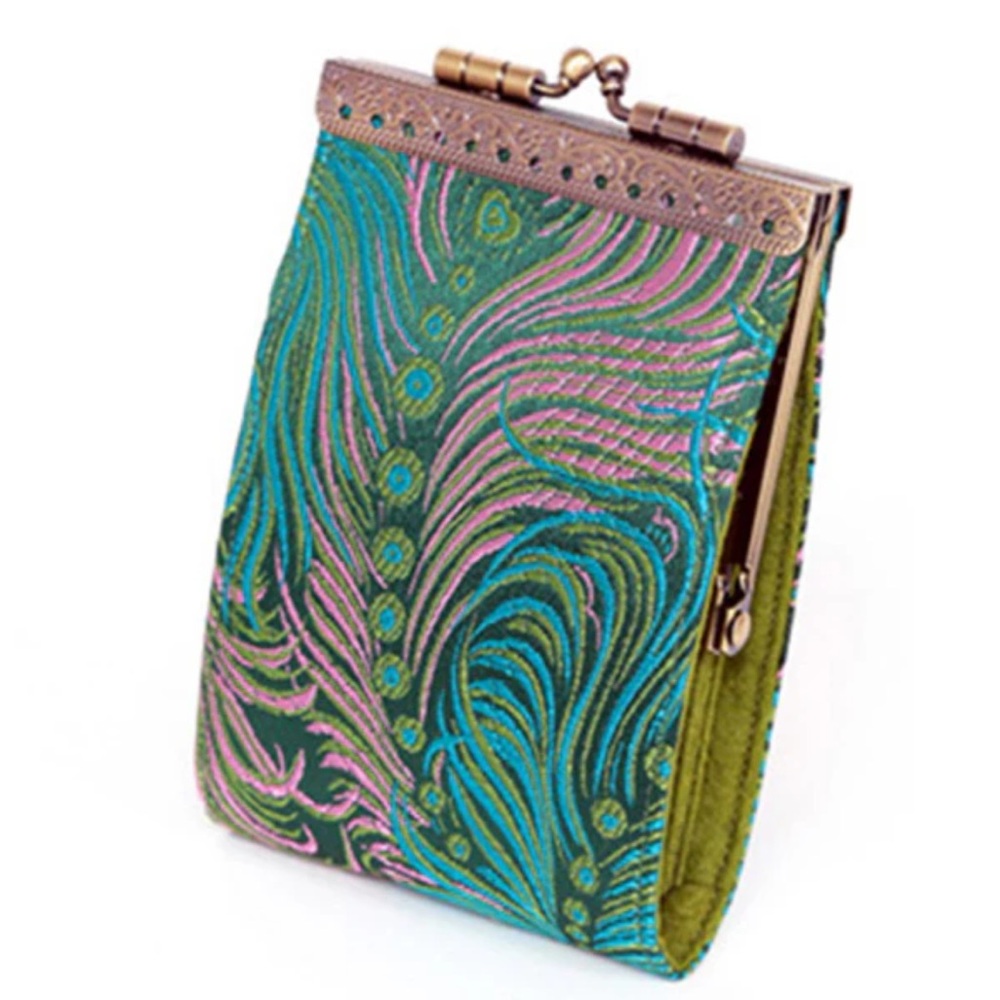 Cathayana Peacock Brocade print RFID credit card holder wallet 10 slots clamp